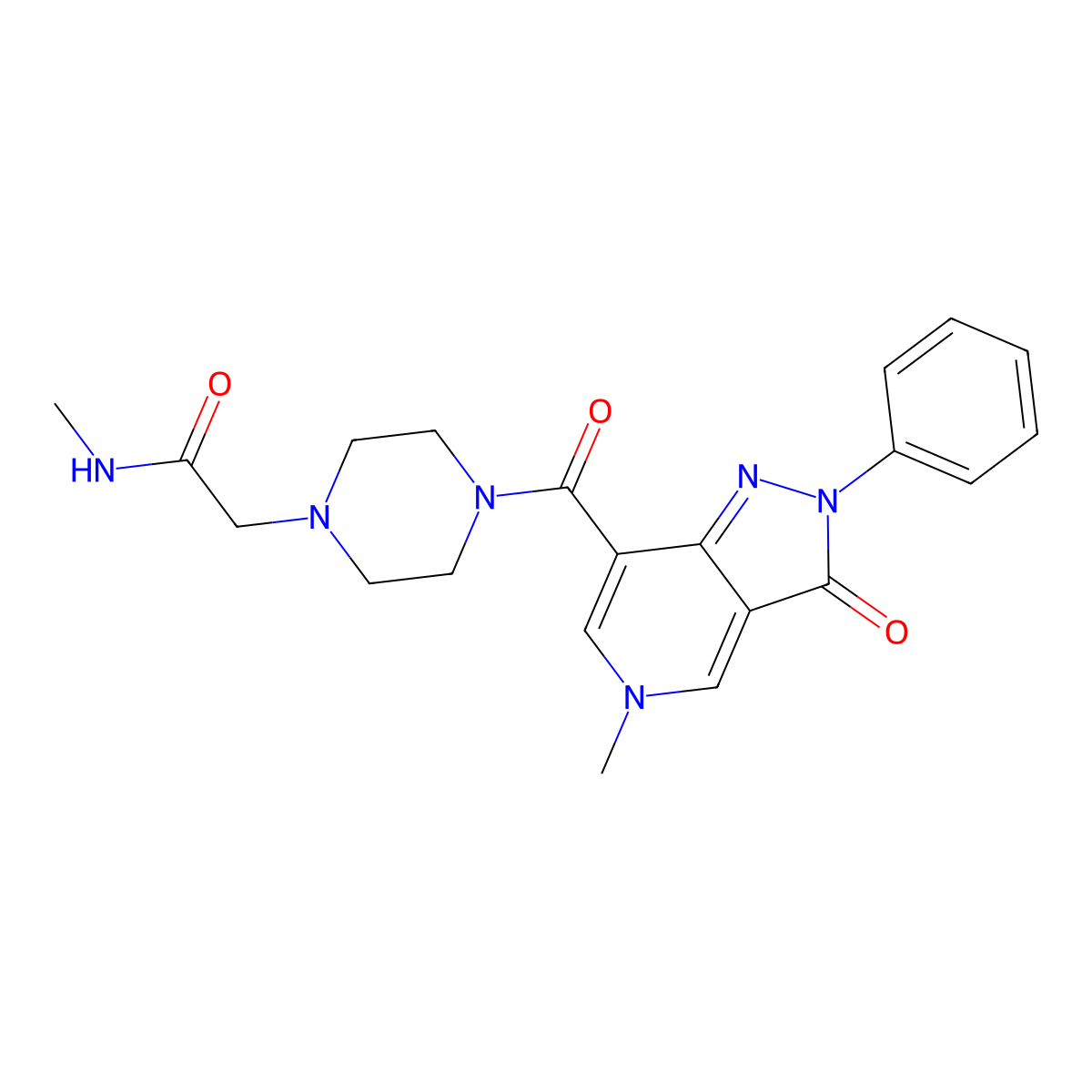 N-methyl-2-(4-(5-methyl-3-oxo-2-phenyl-3,5-dihydro-2H-pyrazolo[4,3-c]pyridine-7-carbonyl)piperazin-1-yl)acetamide molecular structure, CAS 1040648-47-2