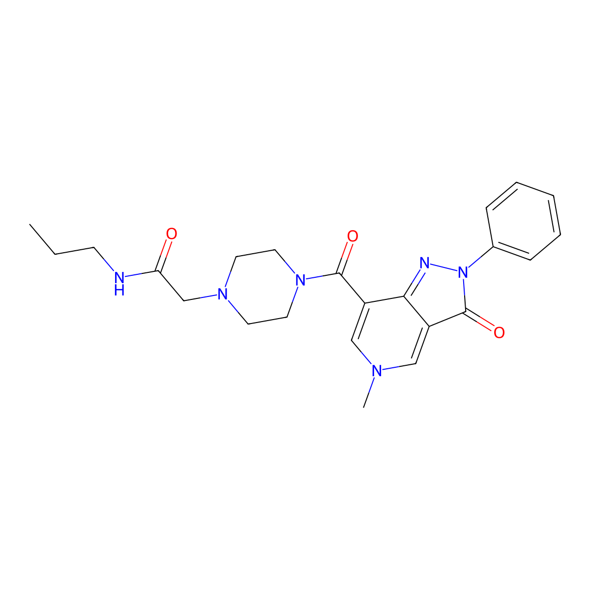2-(4-(5-methyl-3-oxo-2-phenyl-3,5-dihydro-2H-pyrazolo[4,3-c]pyridine-7-carbonyl)piperazin-1-yl)-N-propylacetamide molecular structure, CAS 1040648-52-9