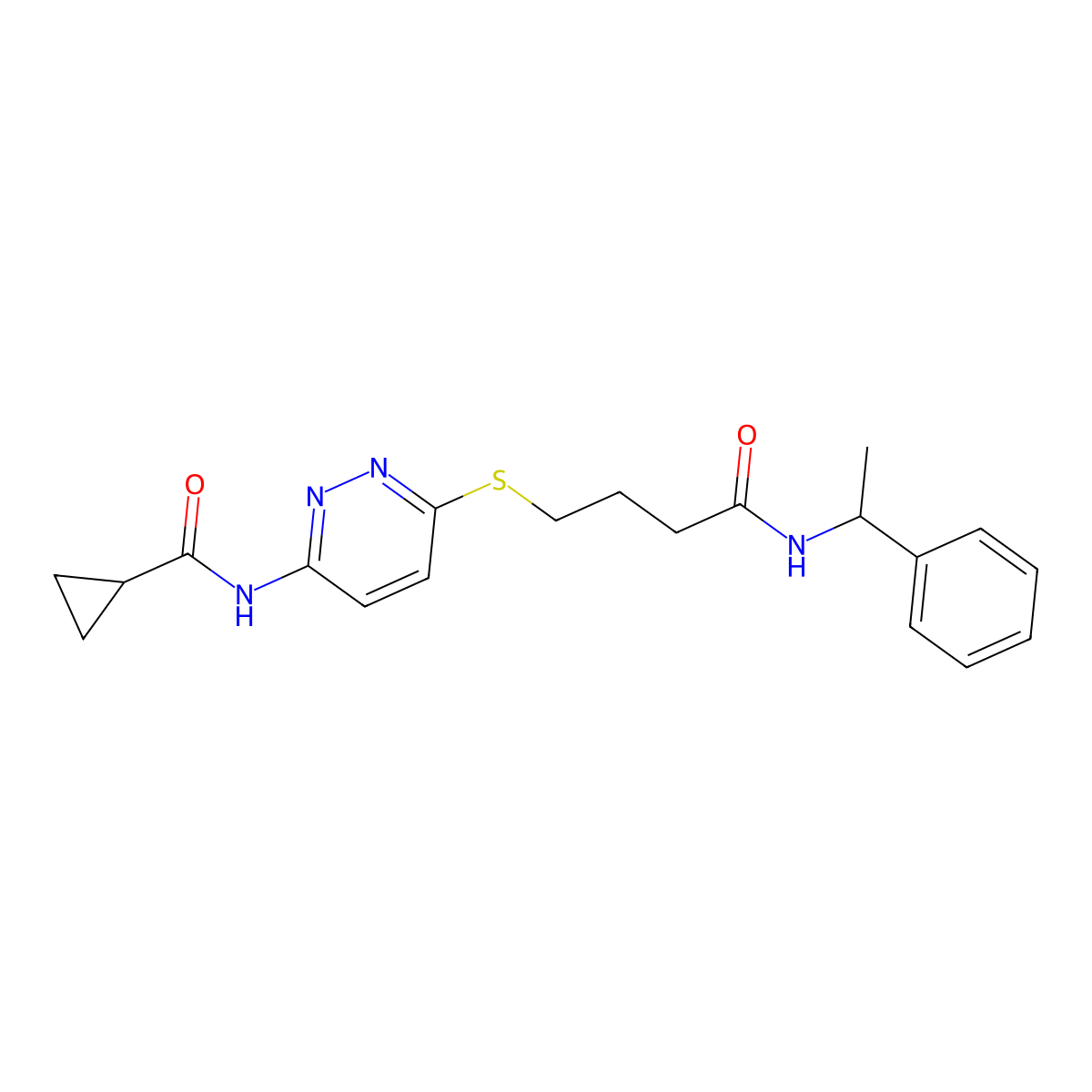 N-(6-((4-oxo-4-((1-phenylethyl)amino)butyl)thio)pyridazin-3-yl)cyclopropanecarboxamide molecular structure, CAS 1040648-67-6