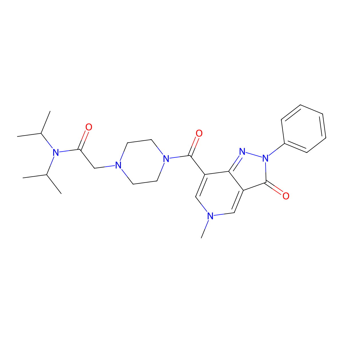N,N-diisopropyl-2-(4-(5-methyl-3-oxo-2-phenyl-3,5-dihydro-2H-pyrazolo[4,3-c]pyridine-7-carbonyl)piperazin-1-yl)acetamide molecular structure, CAS 1040648-68-7