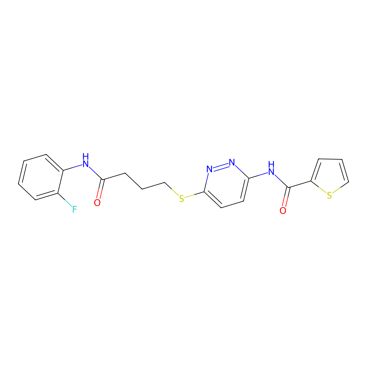 N-(6-((4-((2-fluorophenyl)amino)-4-oxobutyl)thio)pyridazin-3-yl)thiophene-2-carboxamide molecular structure, CAS 1040648-92-7