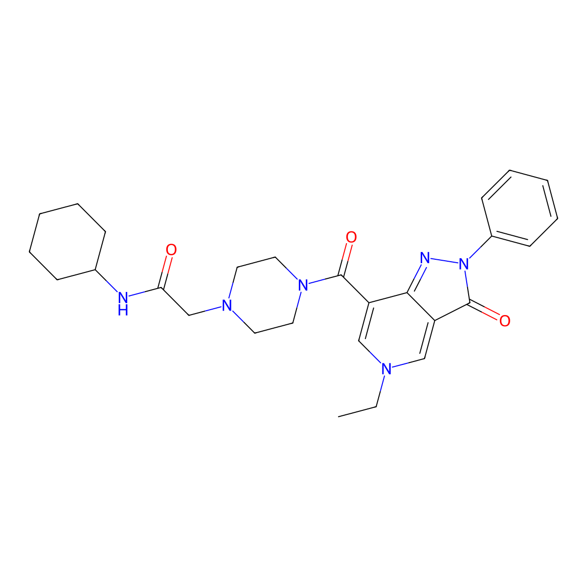 N-cyclohexyl-2-(4-(5-ethyl-3-oxo-2-phenyl-3,5-dihydro-2H-pyrazolo[4,3-c]pyridine-7-carbonyl)piperazin-1-yl)acetamide molecular structure, CAS 1040649-18-0