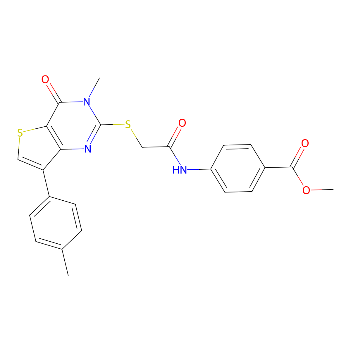 methyl 4-(2-{[3-methyl-7-(4-methylphenyl)-4-oxo-3H,4H-thieno[3,2-d]pyrimidin-2-yl]sulfanyl}acetamido)benzoate molecular structure, CAS 1040649-19-1