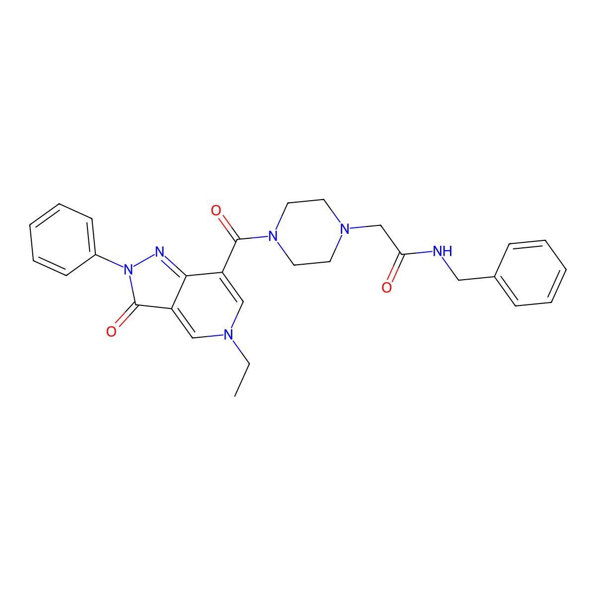 N-benzyl-2-(4-(5-ethyl-3-oxo-2-phenyl-3,5-dihydro-2H-pyrazolo[4,3-c]pyridine-7-carbonyl)piperazin-1-yl)acetamide molecular structure, CAS 1040649-22-6