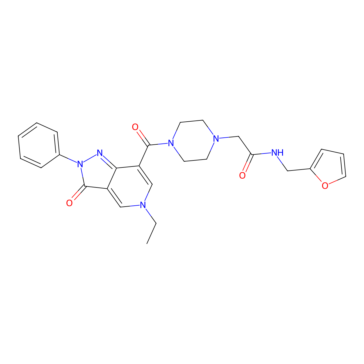 2-(4-(5-ethyl-3-oxo-2-phenyl-3,5-dihydro-2H-pyrazolo[4,3-c]pyridine-7-carbonyl)piperazin-1-yl)-N-(furan-2-ylmethyl)acetamide molecular structure, CAS 1040649-26-0