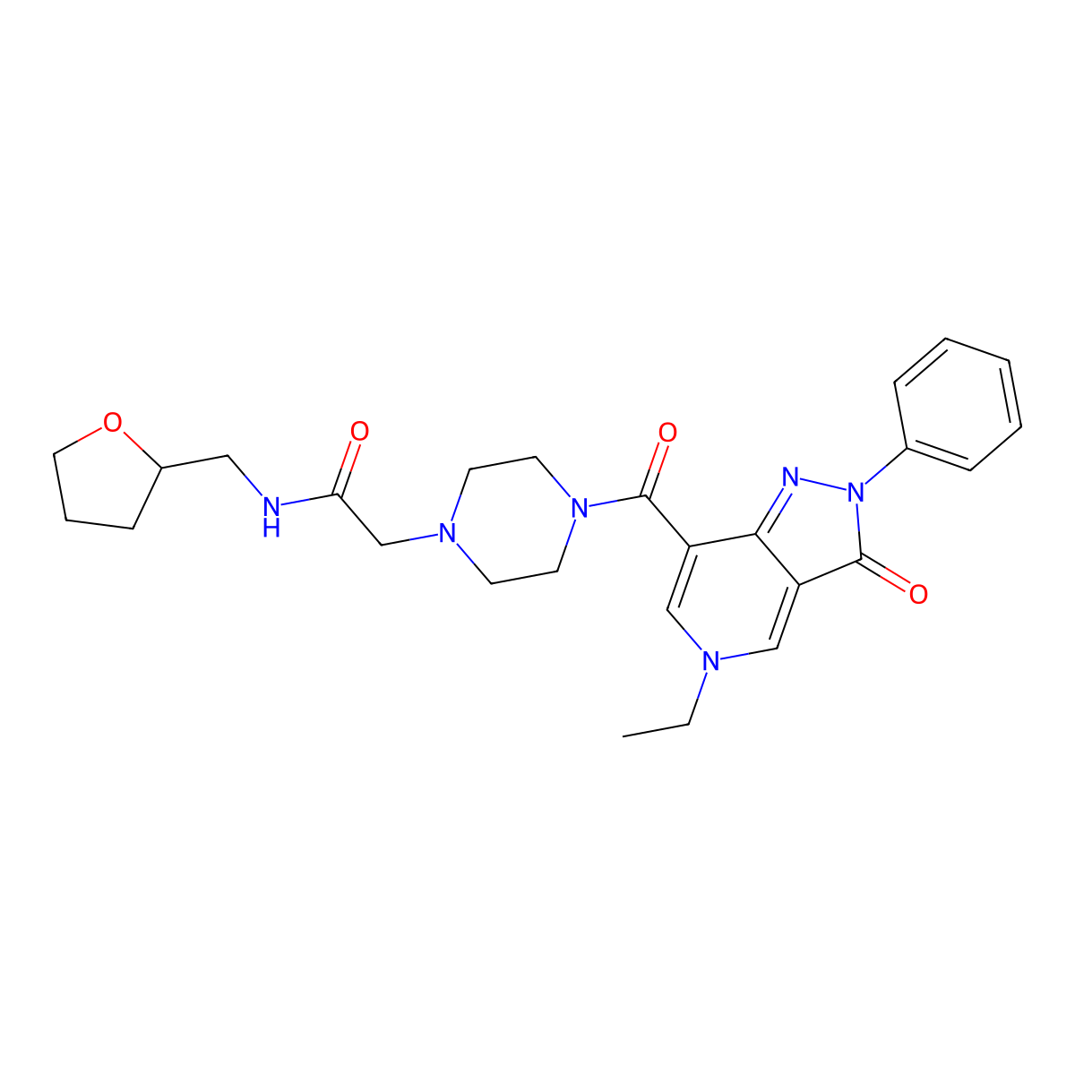 2-(4-(5-ethyl-3-oxo-2-phenyl-3,5-dihydro-2H-pyrazolo[4,3-c]pyridine-7-carbonyl)piperazin-1-yl)-N-((tetrahydrofuran-2-yl)methyl)acetamide molecular structure, CAS 1040649-30-6