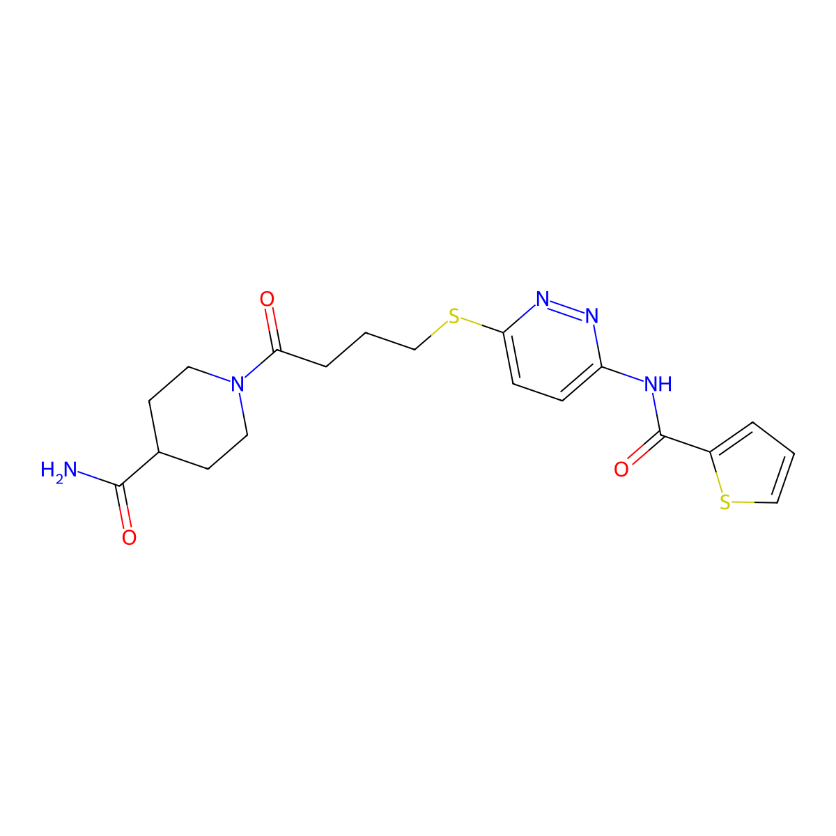 1-(4-((6-(Thiophene-2-carboxamido)pyridazin-3-yl)thio)butanoyl)piperidine-4-carboxamide molecular structure, CAS 1040649-36-2
