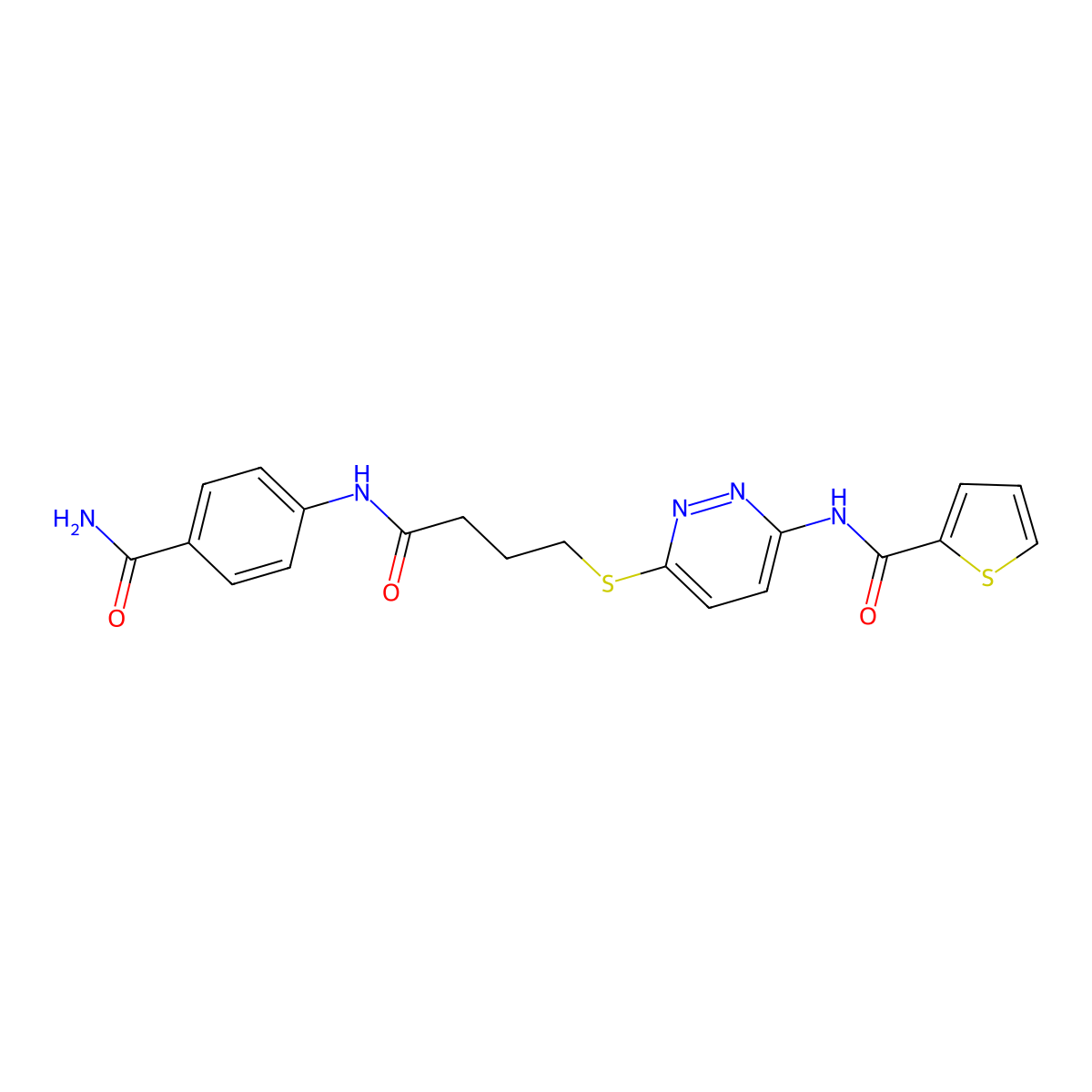 N-(6-((4-((4-carbamoylphenyl)amino)-4-oxobutyl)thio)pyridazin-3-yl)thiophene-2-carboxamide molecular structure, CAS 1040649-40-8