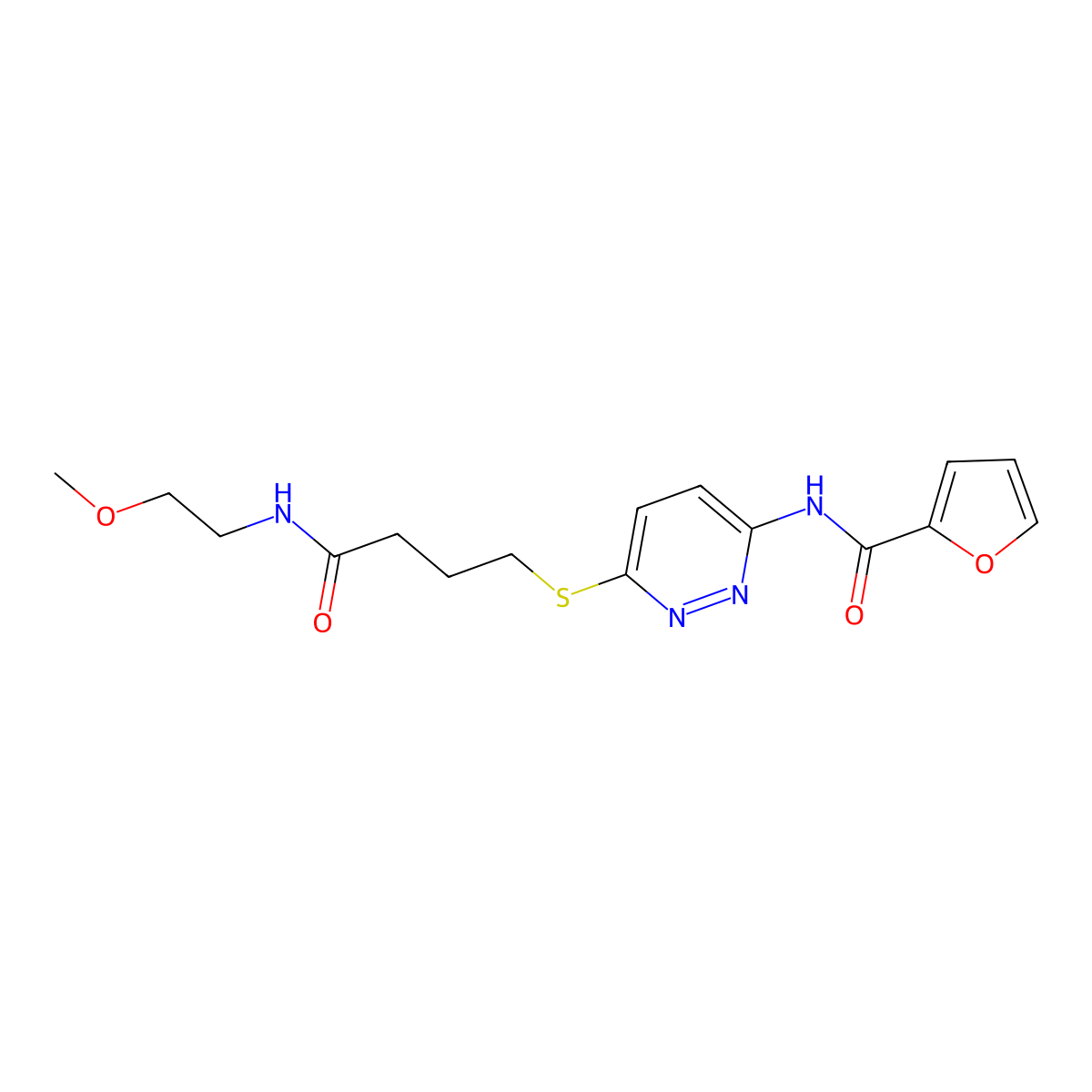 N-(6-((4-((2-methoxyethyl)amino)-4-oxobutyl)thio)pyridazin-3-yl)furan-2-carboxamide molecular structure, CAS 1040649-44-2