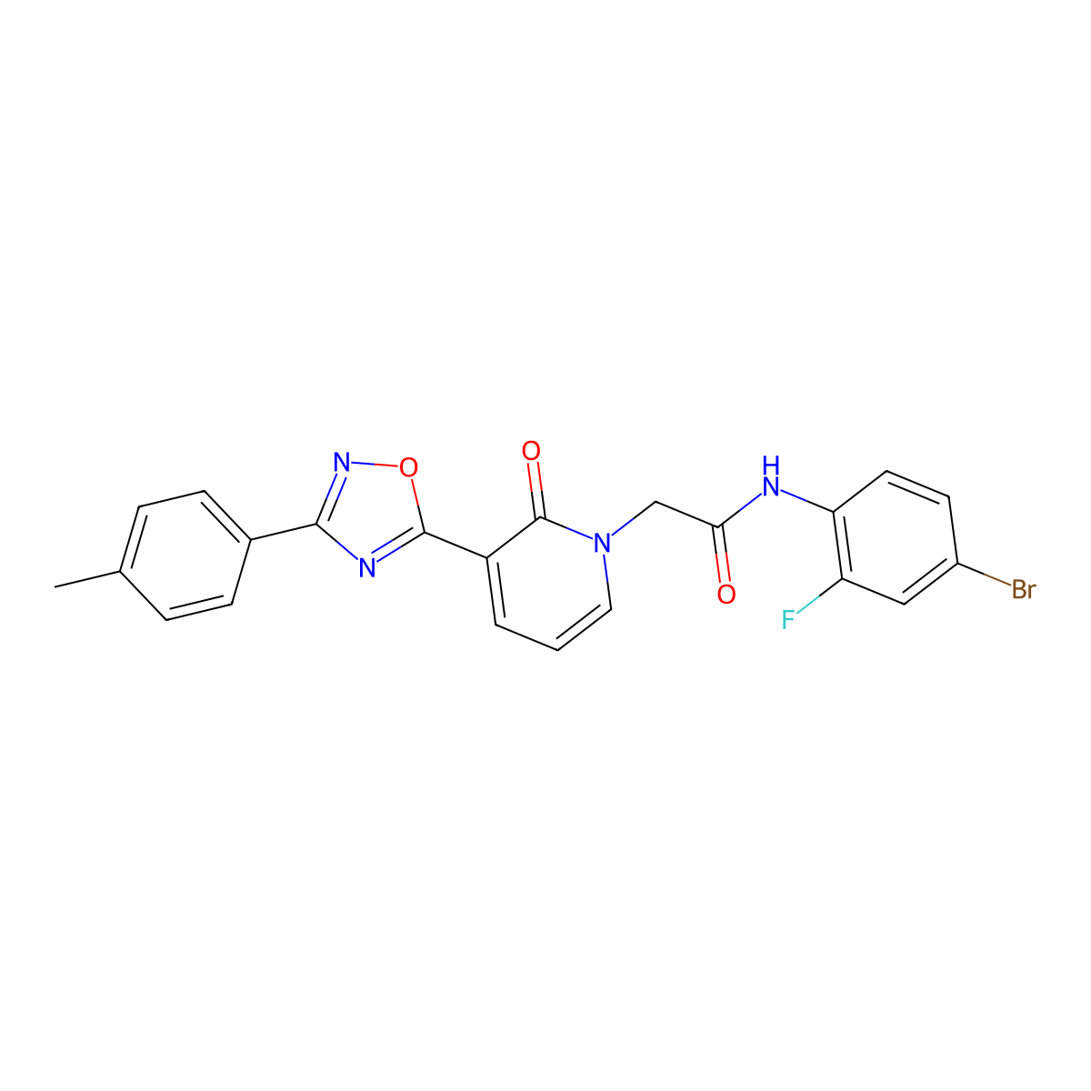 N-(4-bromo-2-fluorophenyl)-2-(2-oxo-3-(3-(p-tolyl)-1,2,4-oxadiazol-5-yl)pyridin-1(2H)-yl)acetamide molecular structure, CAS 1040649-50-0