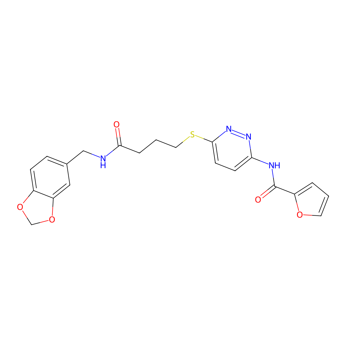 N-(6-((4-((benzo[d][1,3]dioxol-5-ylmethyl)amino)-4-oxobutyl)thio)pyridazin-3-yl)furan-2-carboxamide molecular structure, CAS 1040649-53-3