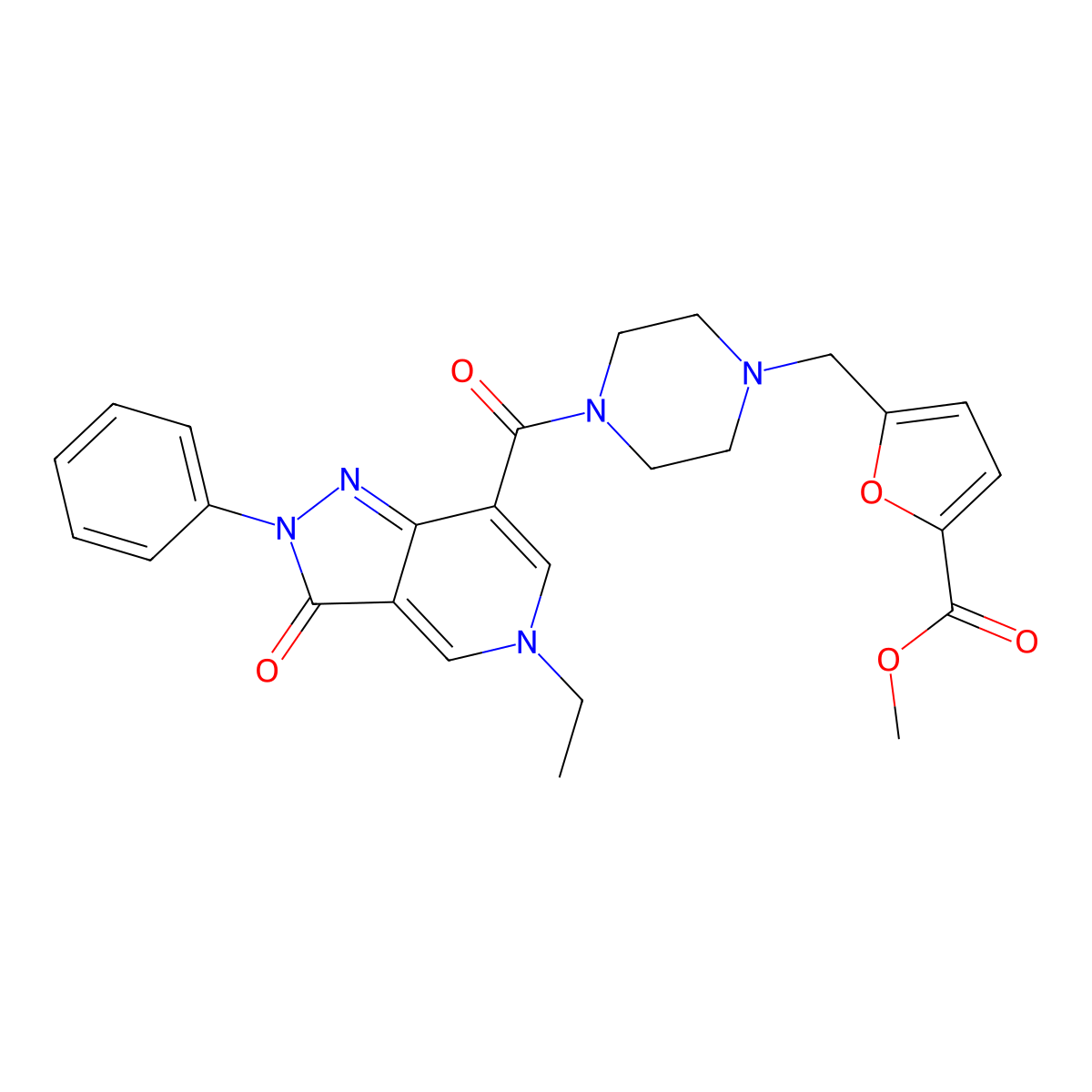 methyl 5-((4-(5-ethyl-3-oxo-2-phenyl-3,5-dihydro-2H-pyrazolo[4,3-c]pyridine-7-carbonyl)piperazin-1-yl)methyl)furan-2-carboxylate molecular structure, CAS 1040649-56-6