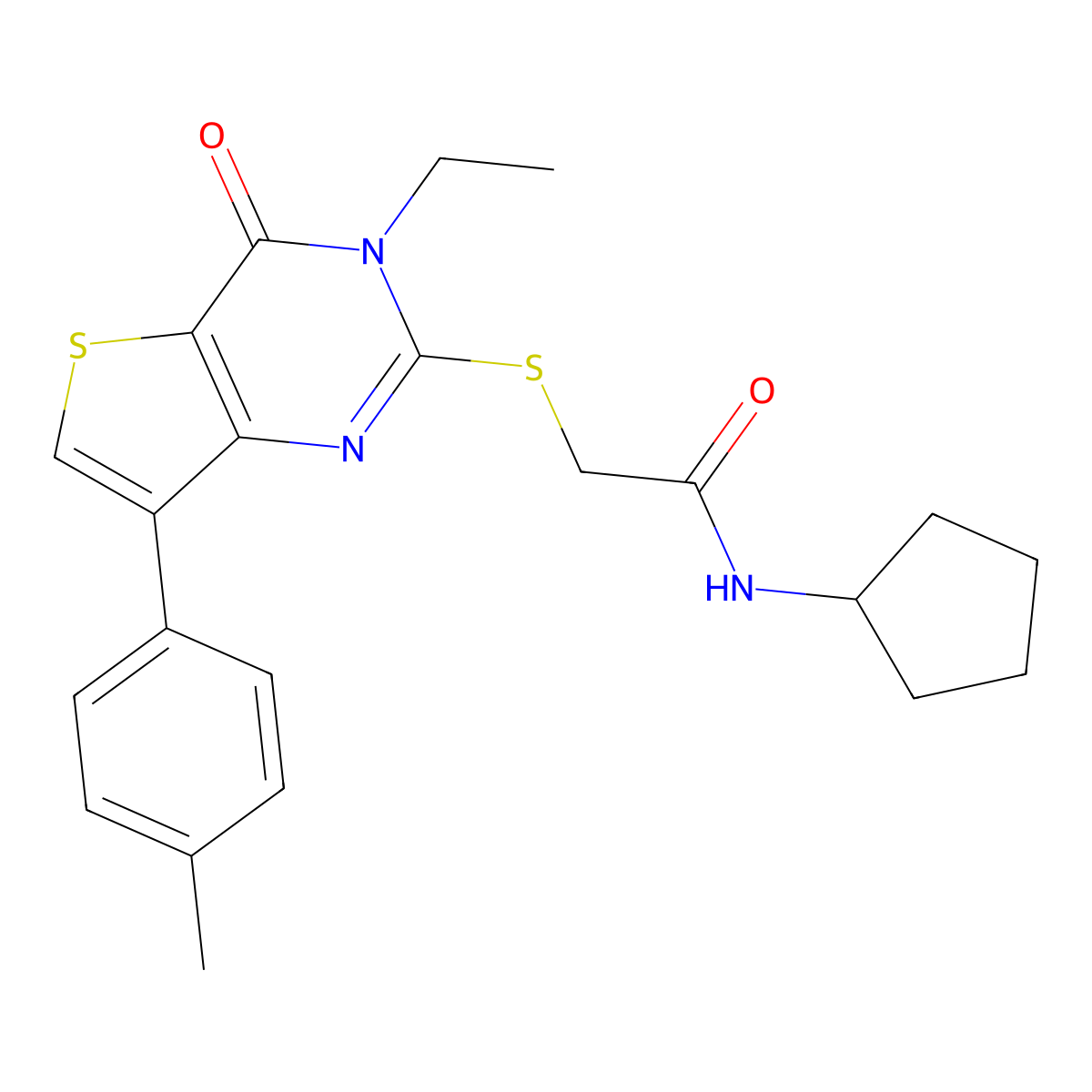 N-cyclopentyl-2-{[3-ethyl-7-(4-methylphenyl)-4-oxo-3H,4H-thieno[3,2-d]pyrimidin-2-yl]sulfanyl}acetamide molecular structure, CAS 1040649-57-7