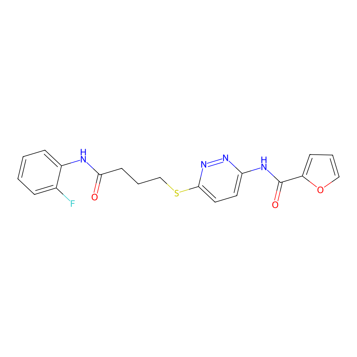 N-(6-((4-((2-fluorophenyl)amino)-4-oxobutyl)thio)pyridazin-3-yl)furan-2-carboxamide molecular structure, CAS 1040649-58-8