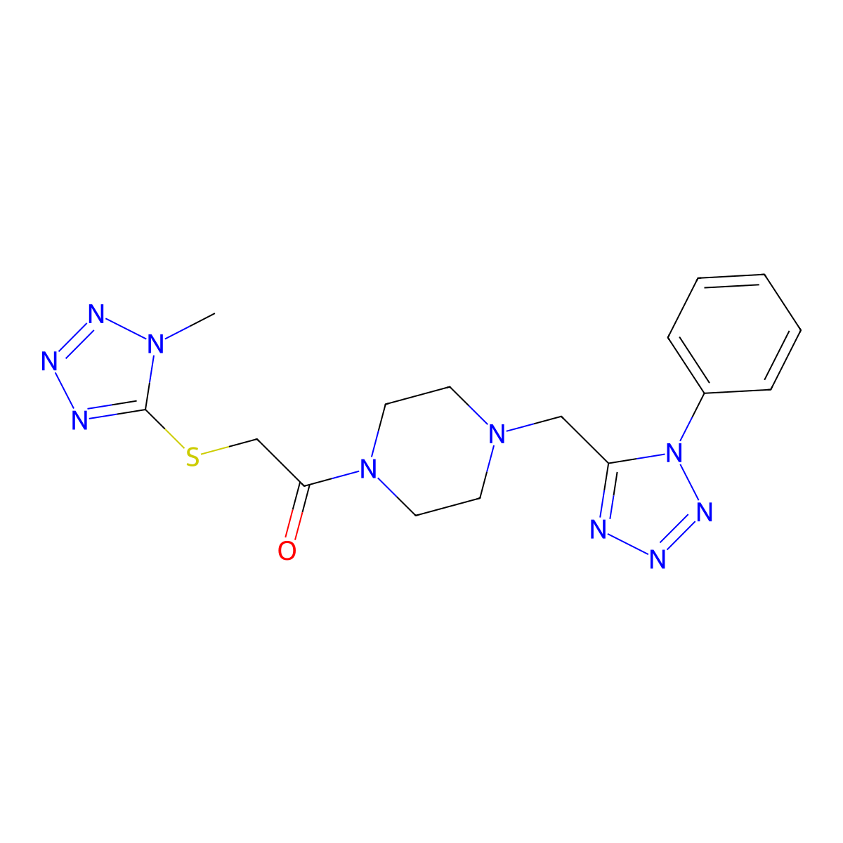 2-((1-methyl-1H-tetrazol-5-yl)thio)-1-(4-((1-phenyl-1H-tetrazol-5-yl)methyl)piperazin-1-yl)ethanone molecular structure, CAS 1040649-79-3