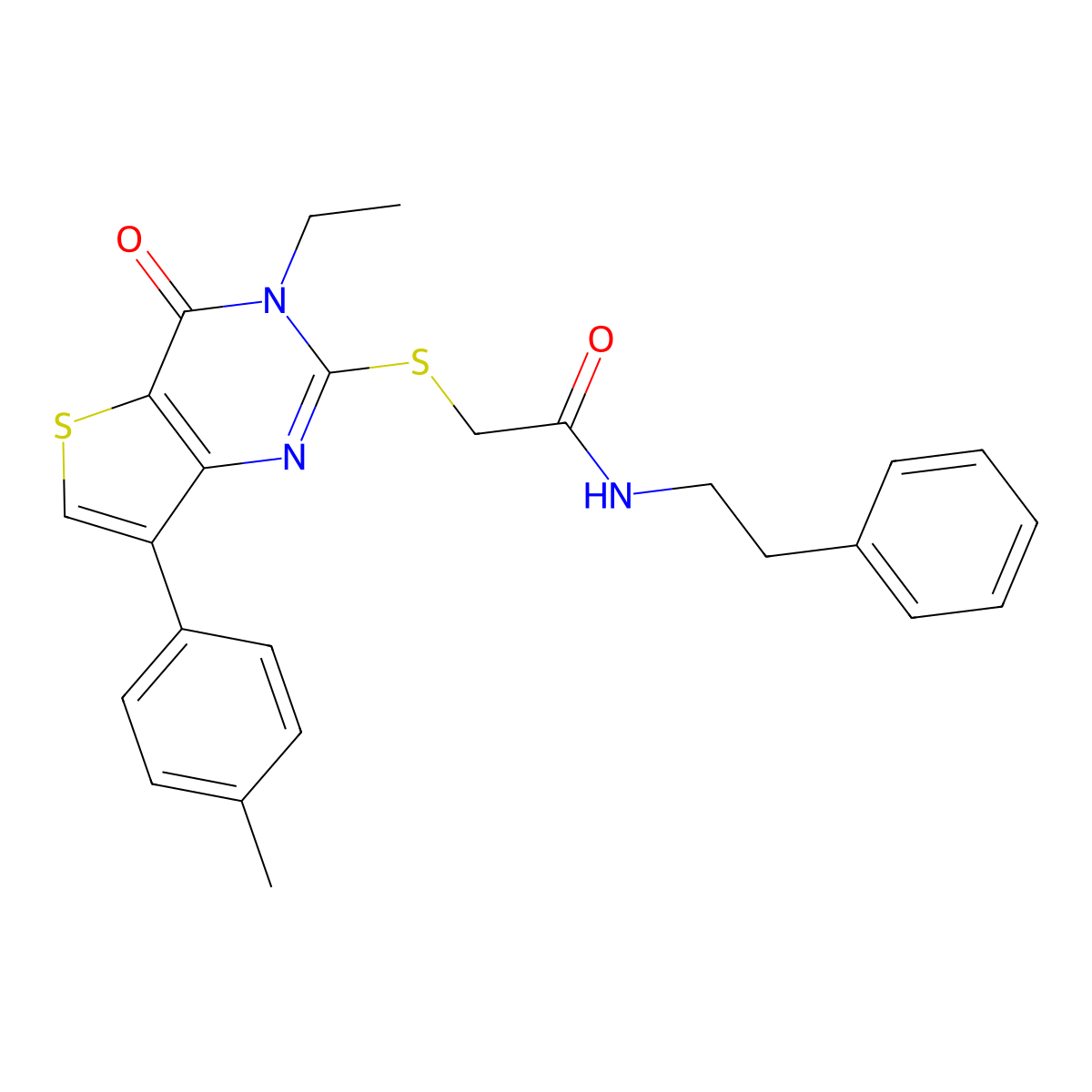 2-{[3-ethyl-7-(4-methylphenyl)-4-oxo-3H,4H-thieno[3,2-d]pyrimidin-2-yl]sulfanyl}-N-(2-phenylethyl)acetamide molecular structure, CAS 1040649-82-8