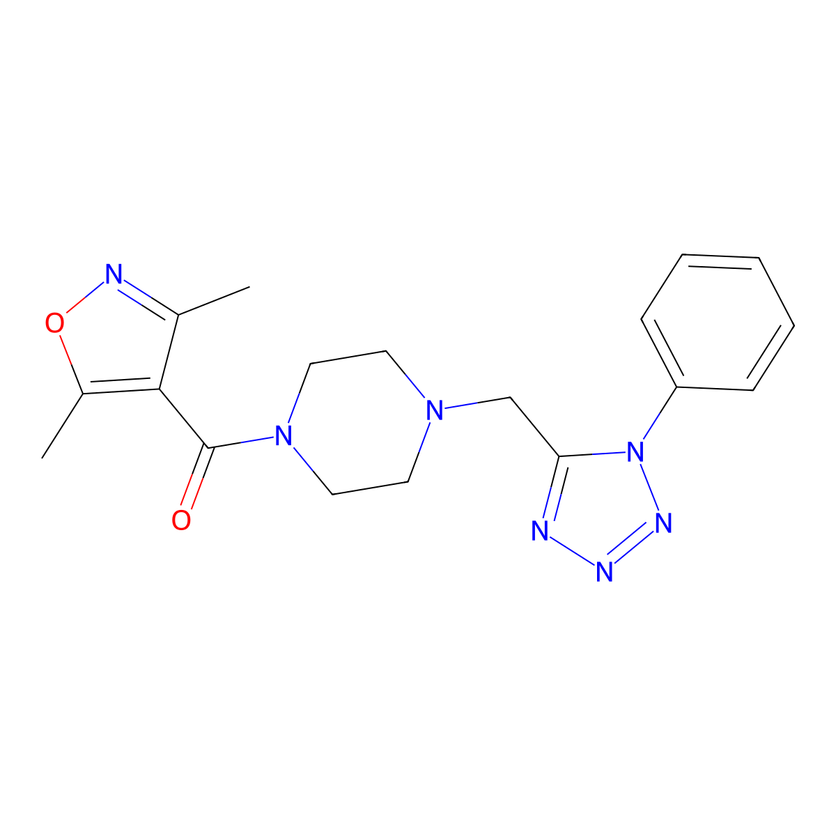 (3,5-dimethylisoxazol-4-yl)(4-((1-phenyl-1H-tetrazol-5-yl)methyl)piperazin-1-yl)methanone molecular structure, CAS 1040649-89-5