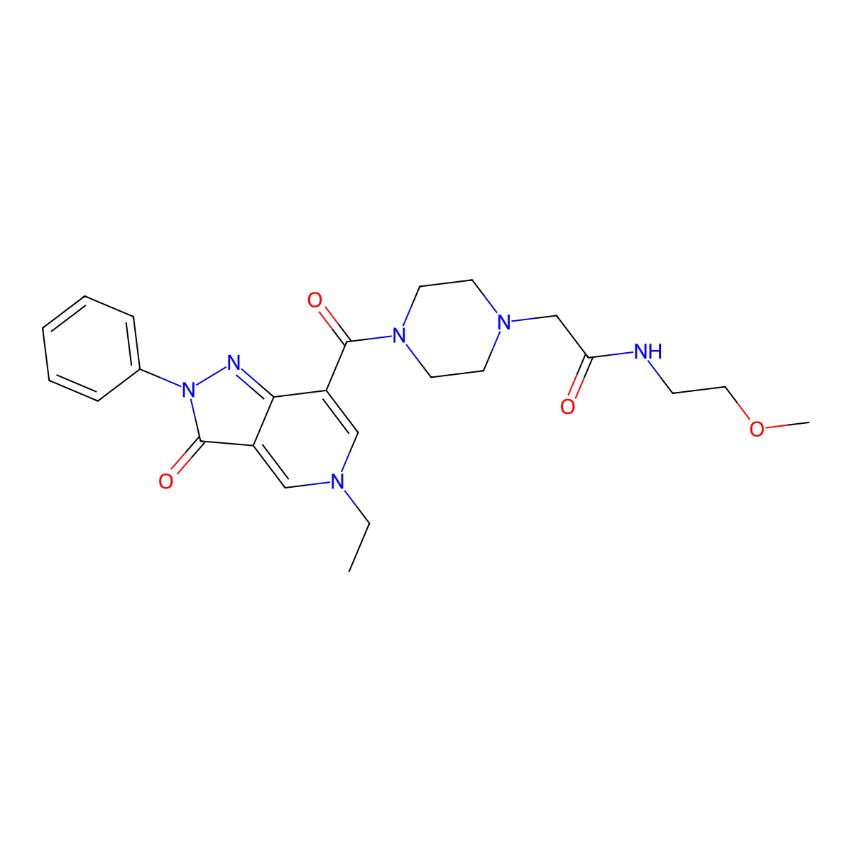 2-(4-(5-ethyl-3-oxo-2-phenyl-3,5-dihydro-2H-pyrazolo[4,3-c]pyridine-7-carbonyl)piperazin-1-yl)-N-(2-methoxyethyl)acetamide molecular structure, CAS 1040649-91-9