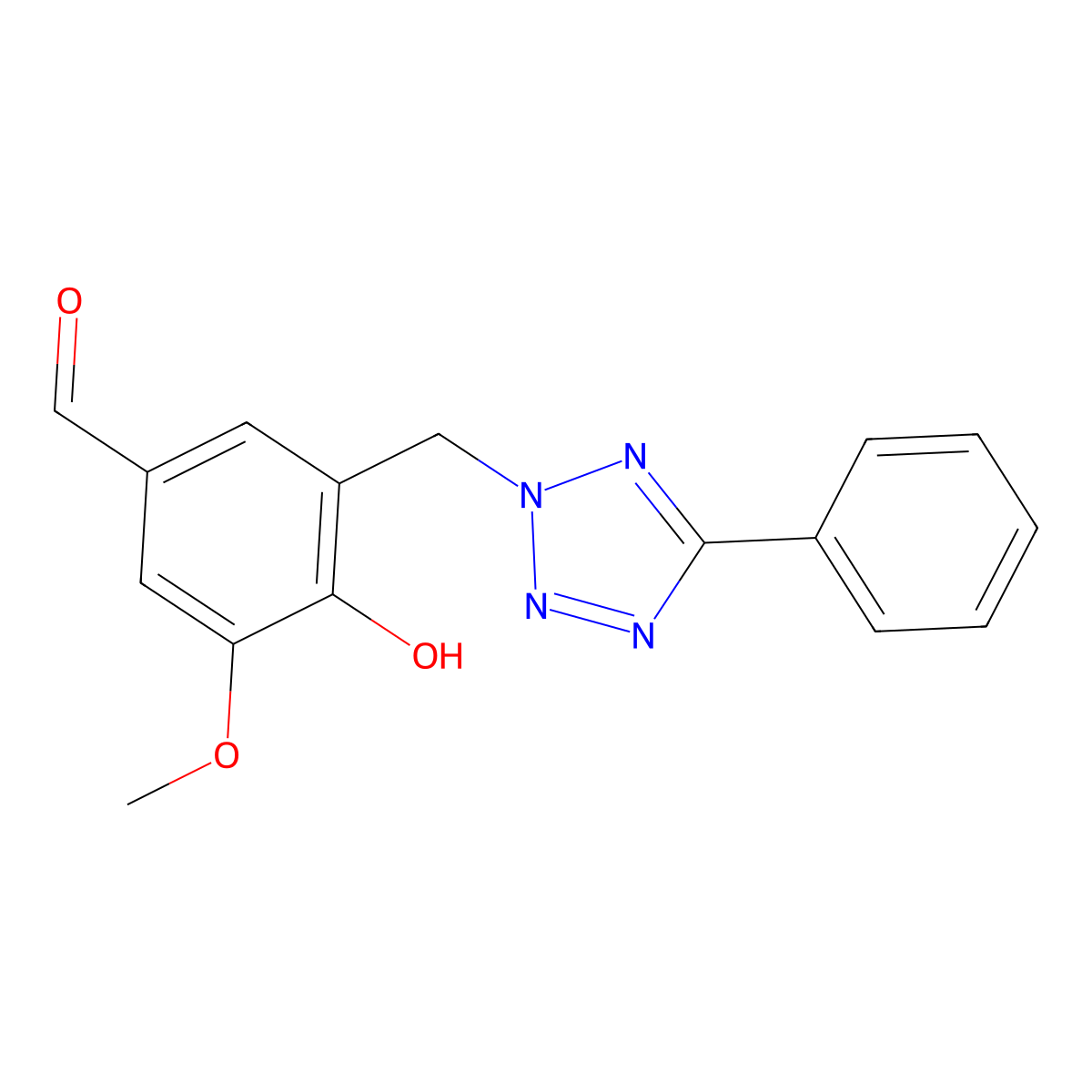Benzaldehyde, 4-hydroxy-3-methoxy-5-((5-phenyl-2H-tetrazol-2-yl)methyl)- molecular structure, CAS 104065-29-4