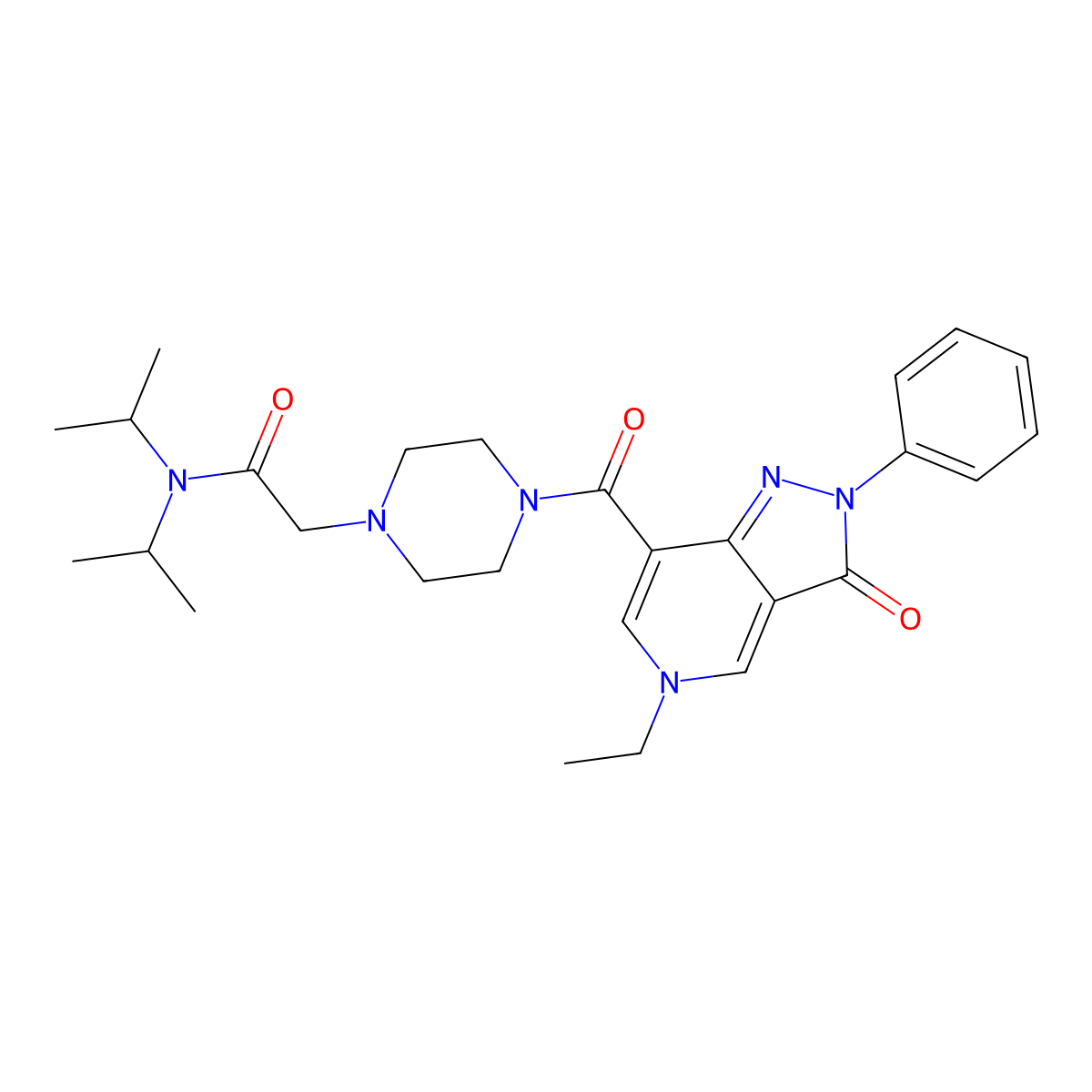 2-(4-(5-ethyl-3-oxo-2-phenyl-3,5-dihydro-2H-pyrazolo[4,3-c]pyridine-7-carbonyl)piperazin-1-yl)-N,N-diisopropylacetamide molecular structure, CAS 1040650-01-8