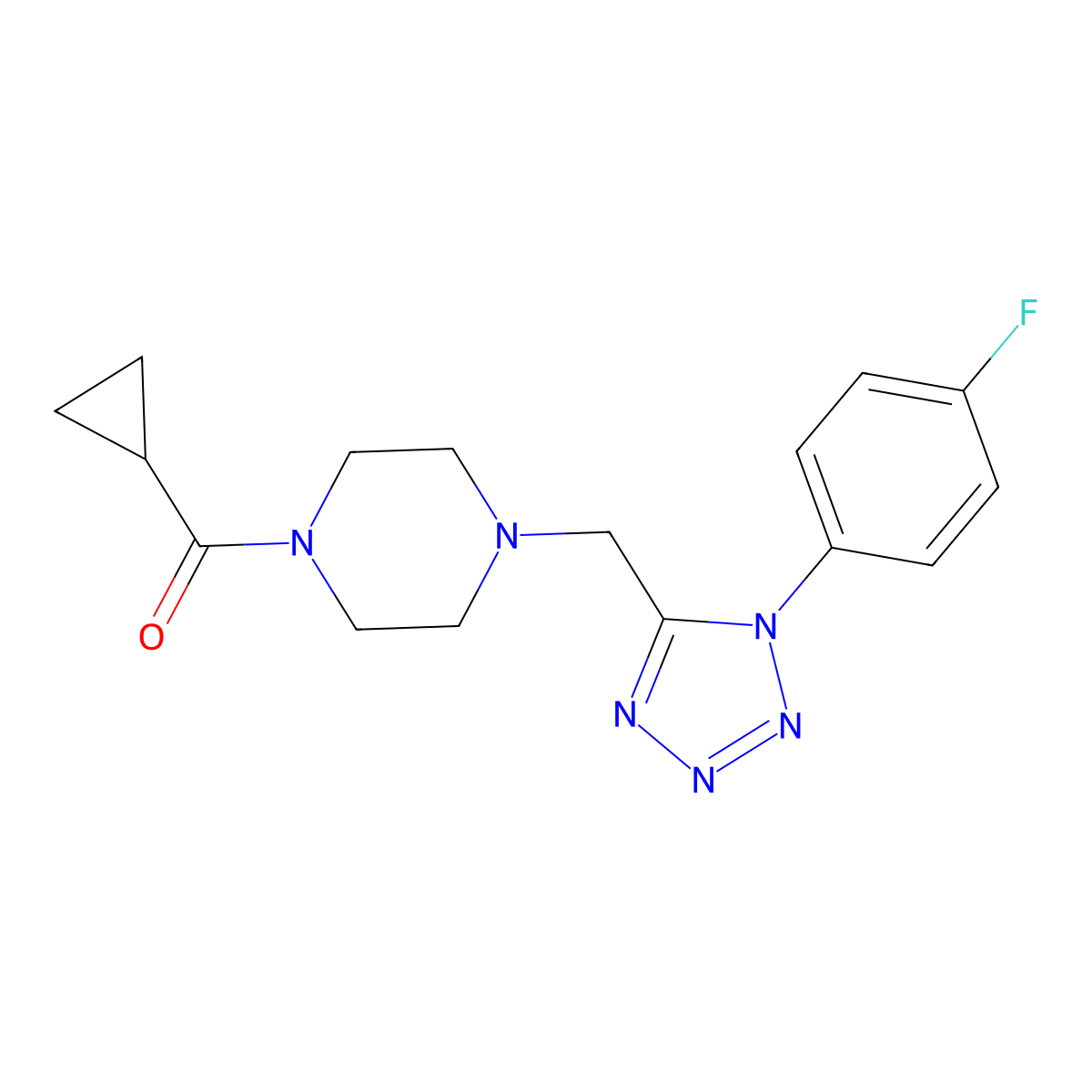 cyclopropyl(4-((1-(4-fluorophenyl)-1H-tetrazol-5-yl)methyl)piperazin-1-yl)methanone molecular structure, CAS 1040650-04-1