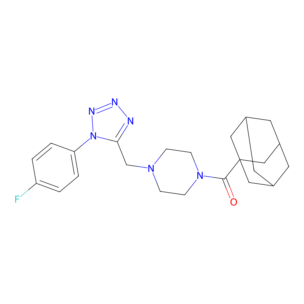 (3r,5r,7r)-adamantan-1-yl(4-((1-(4-fluorophenyl)-1H-tetrazol-5-yl)methyl)piperazin-1-yl)methanone molecular structure, CAS 1040650-09-6
