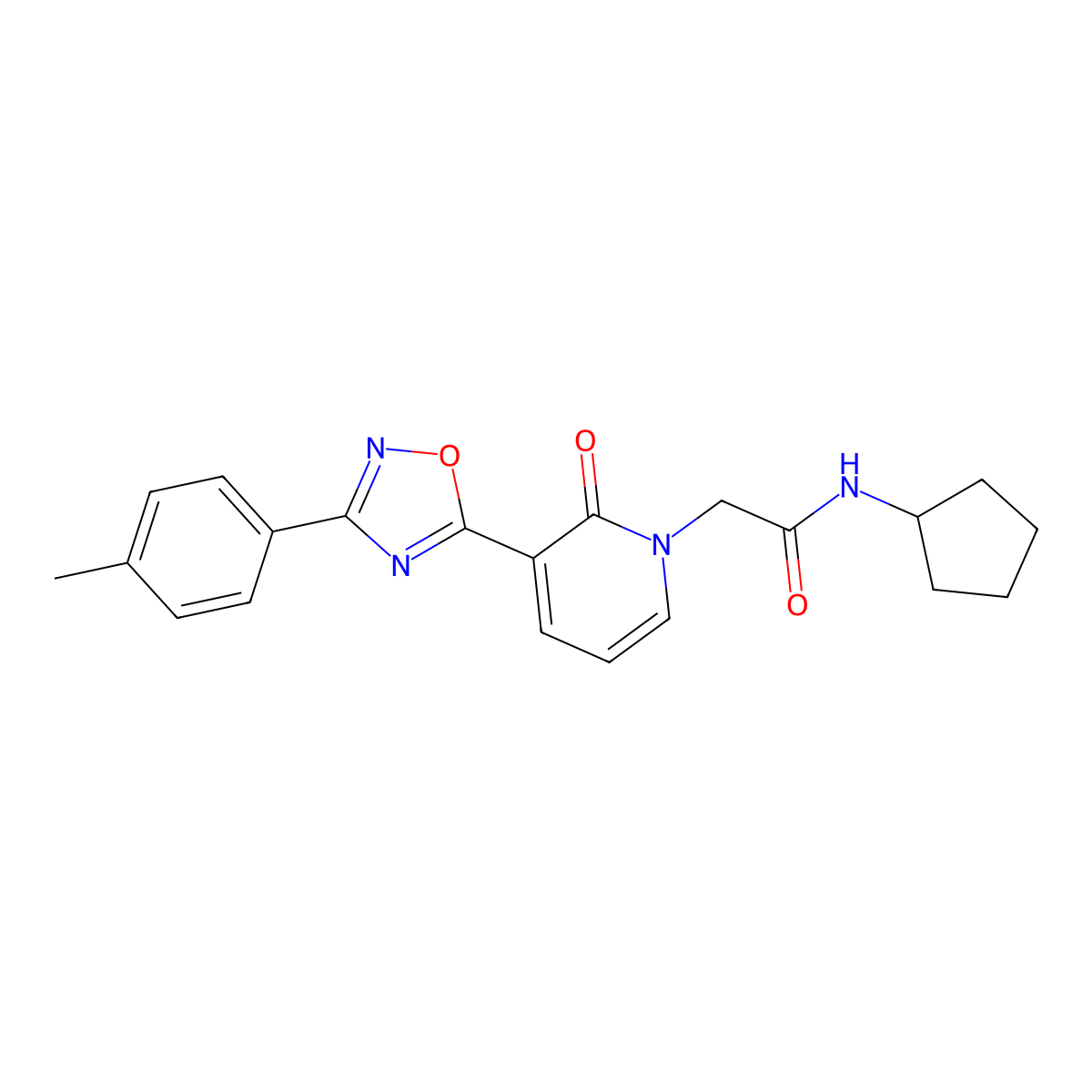 N-cyclopentyl-2-{3-[3-(4-methylphenyl)-1,2,4-oxadiazol-5-yl]-2-oxo-1,2-dihydropyridin-1-yl}acetamide molecular structure, CAS 1040650-10-9
