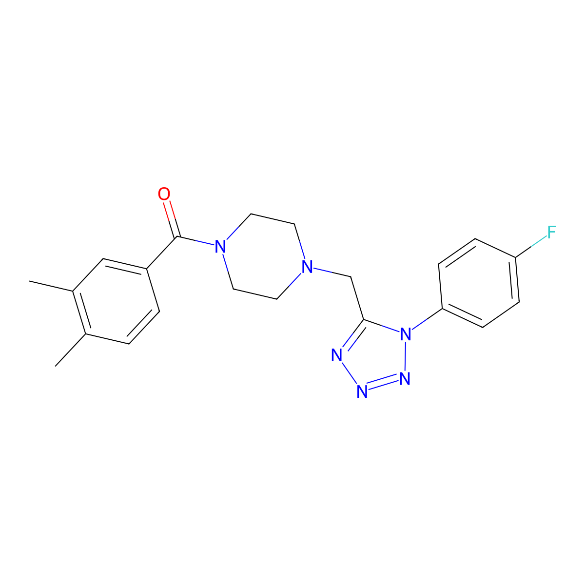 (3,4-dimethylphenyl)(4-((1-(4-fluorophenyl)-1H-tetrazol-5-yl)methyl)piperazin-1-yl)methanone molecular structure, CAS 1040650-21-2