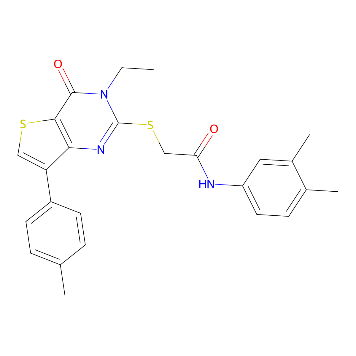N-(3,4-dimethylphenyl)-2-{[3-ethyl-7-(4-methylphenyl)-4-oxo-3,4-dihydrothieno[3,2-d]pyrimidin-2-yl]thio}acetamide molecular structure, CAS 1040650-30-3