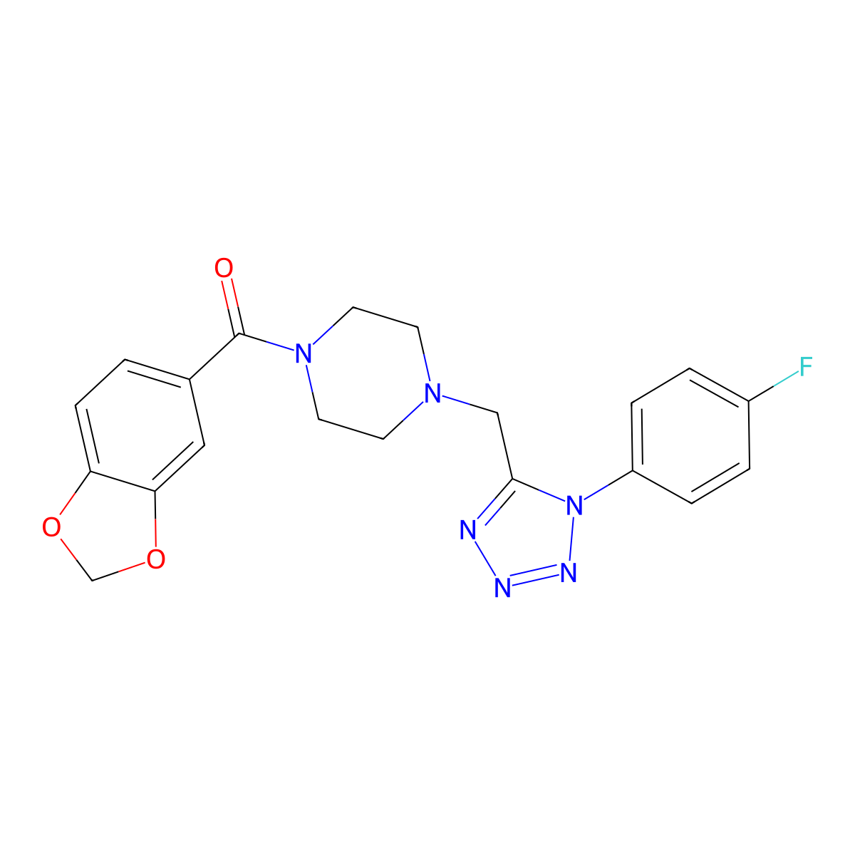 benzo[d][1,3]dioxol-5-yl(4-((1-(4-fluorophenyl)-1H-tetrazol-5-yl)methyl)piperazin-1-yl)methanone molecular structure, CAS 1040650-33-6