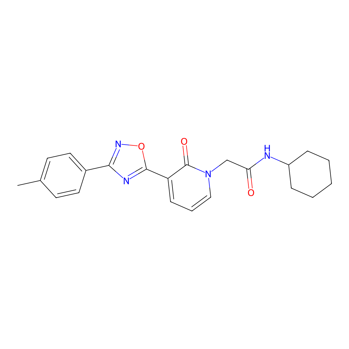 N-cyclohexyl-2-{3-[3-(4-methylphenyl)-1,2,4-oxadiazol-5-yl]-2-oxo-1,2-dihydropyridin-1-yl}acetamide molecular structure, CAS 1040650-34-7