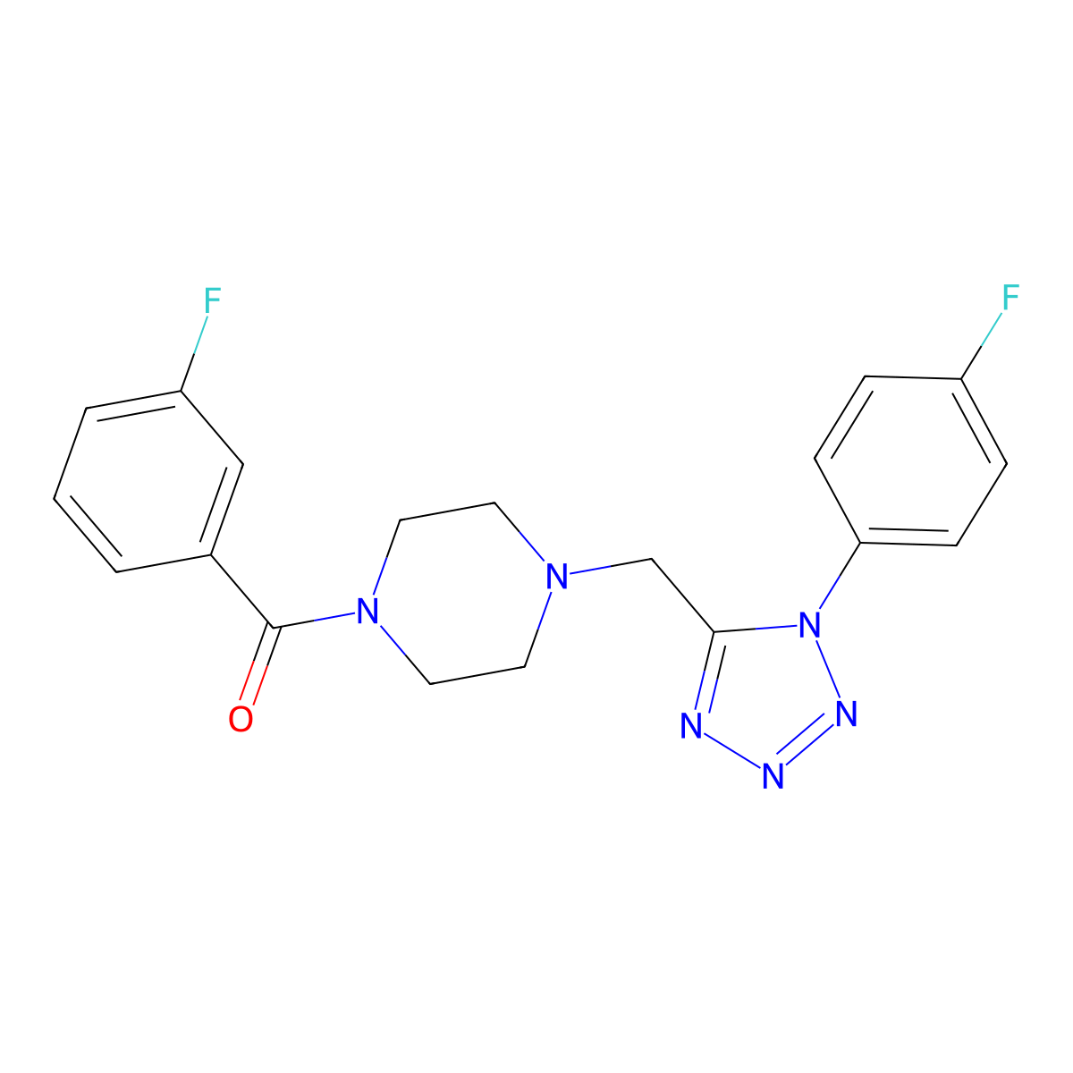 (3-fluorophenyl)(4-((1-(4-fluorophenyl)-1H-tetrazol-5-yl)methyl)piperazin-1-yl)methanone molecular structure, CAS 1040650-39-2