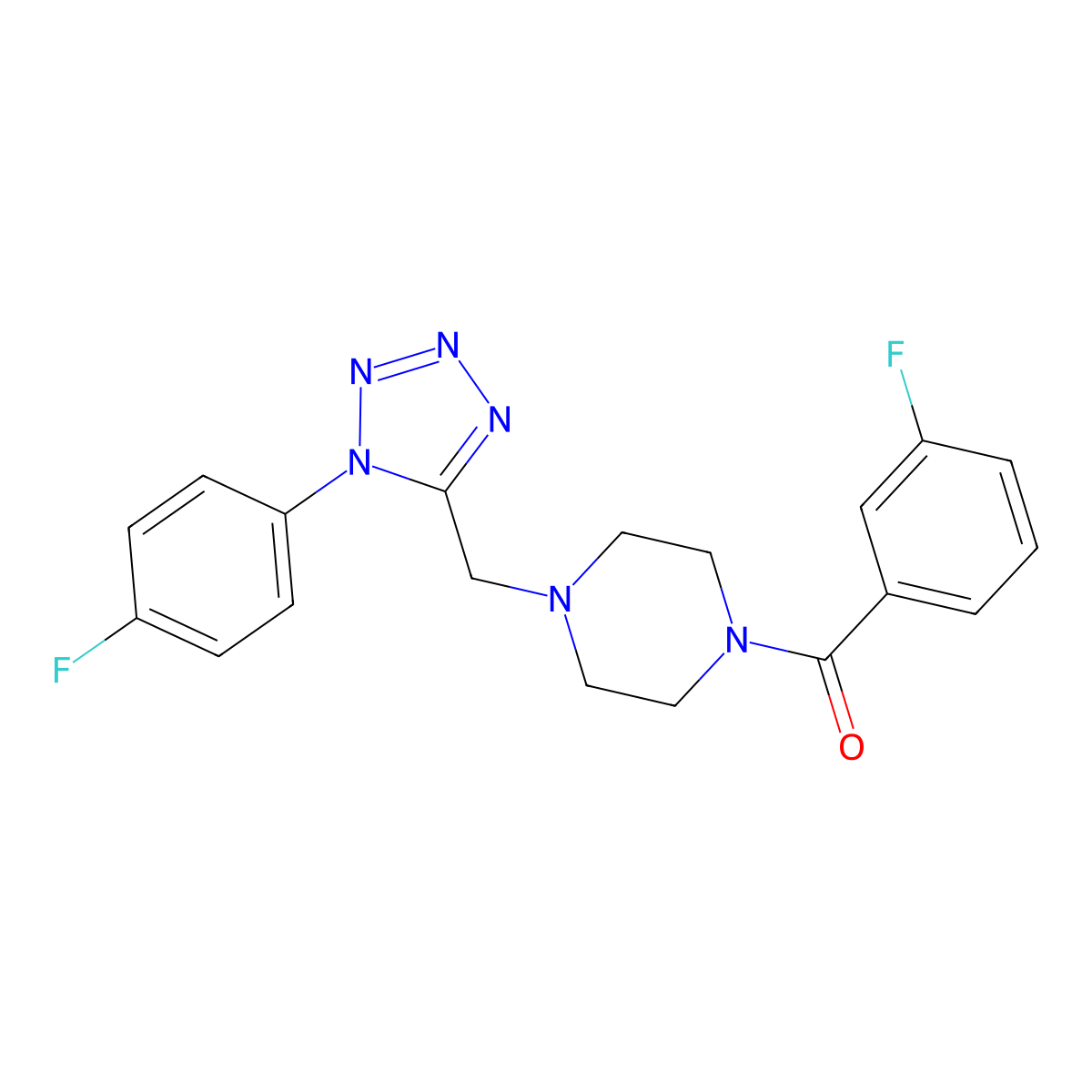 (3-fluorophenyl)(4-((1-(4-fluorophenyl)-1H-tetrazol-5-yl)methyl)piperazin-1-yl)methanone molecular structure, CAS 1040650-39-2