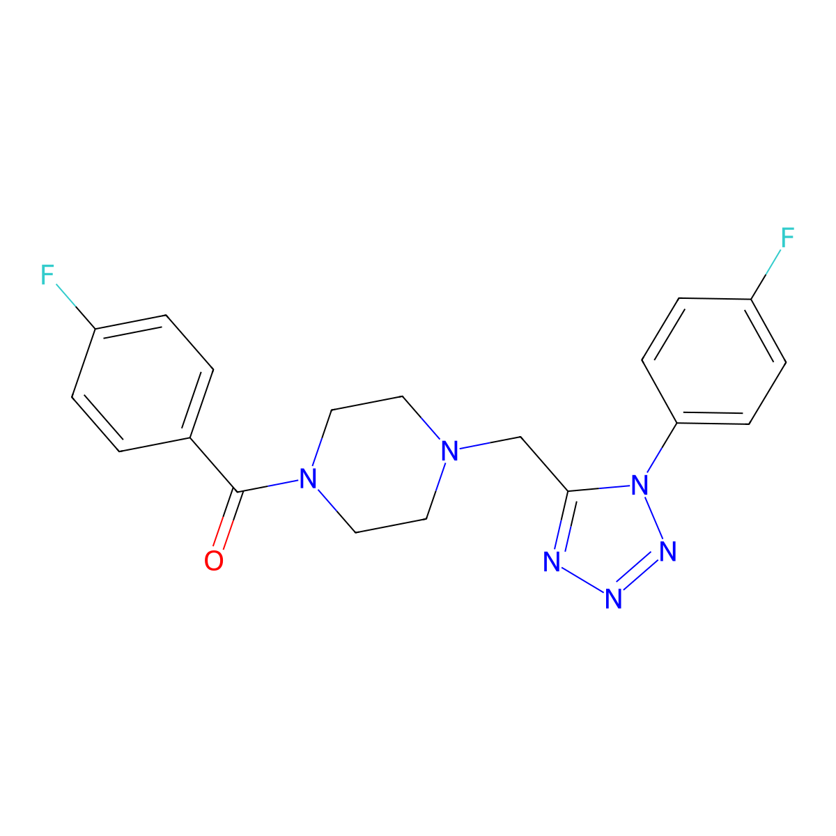 (4-fluorophenyl)(4-((1-(4-fluorophenyl)-1H-tetrazol-5-yl)methyl)piperazin-1-yl)methanone molecular structure, CAS 1040650-45-0