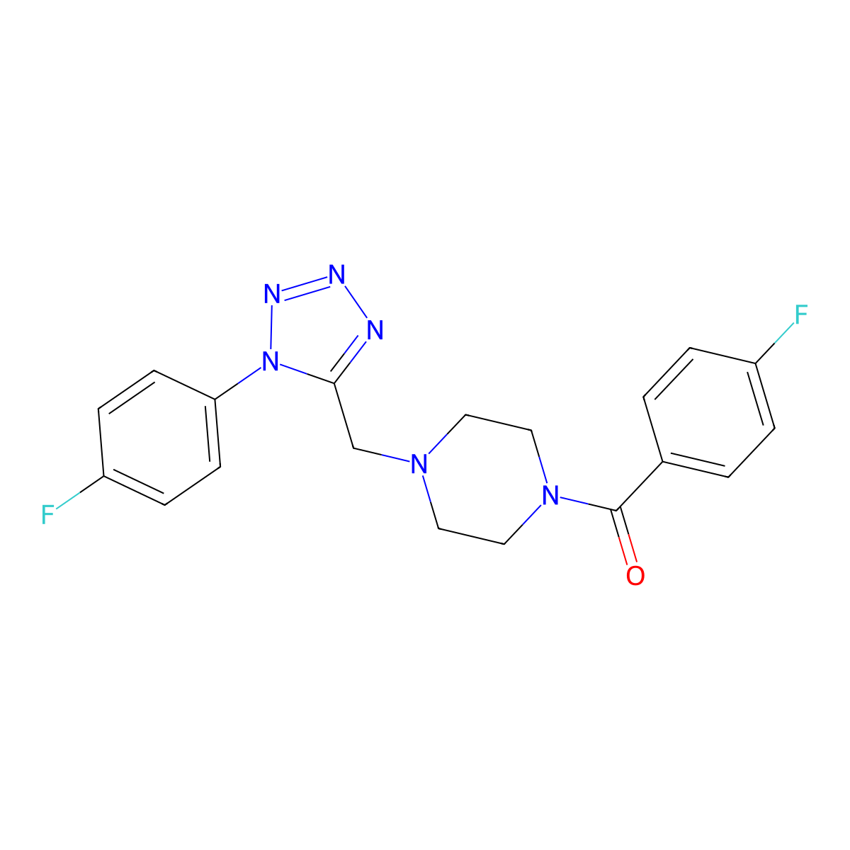 (4-fluorophenyl)(4-((1-(4-fluorophenyl)-1H-tetrazol-5-yl)methyl)piperazin-1-yl)methanone molecular structure, CAS 1040650-45-0