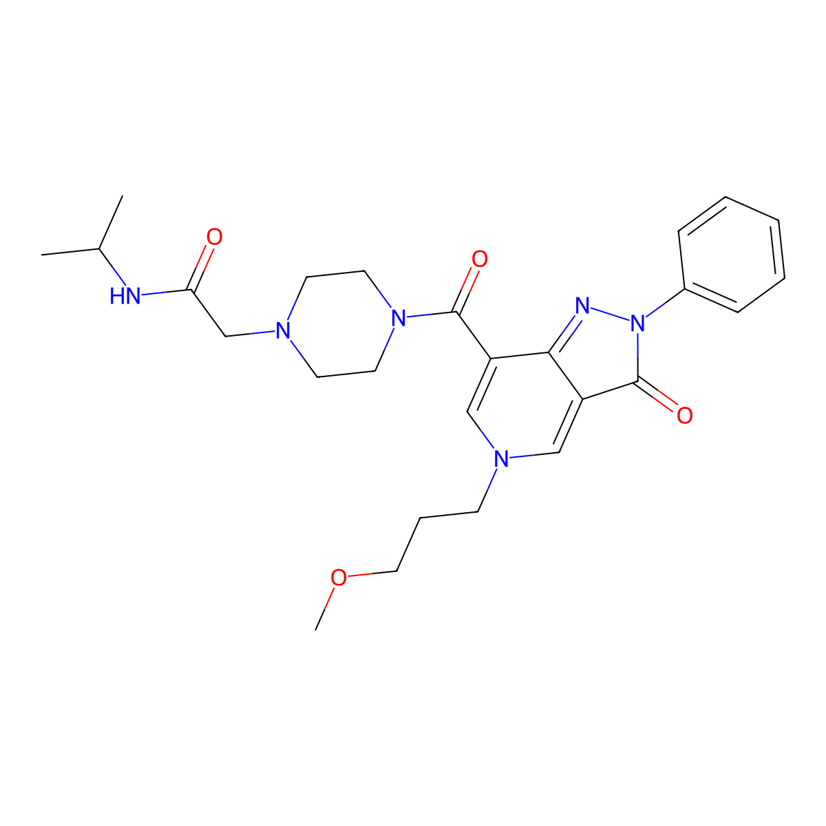 N-isopropyl-2-(4-(5-(3-methoxypropyl)-3-oxo-2-phenyl-3,5-dihydro-2H-pyrazolo[4,3-c]pyridine-7-carbonyl)piperazin-1-yl)acetamide molecular structure, CAS 1040650-66-5