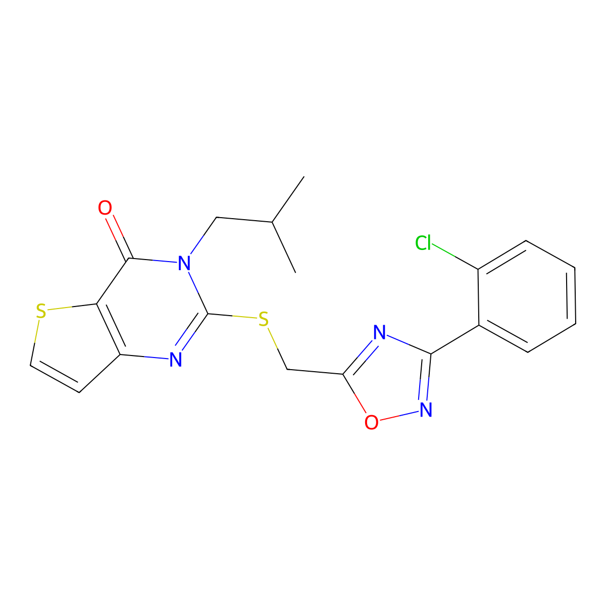 2-(((3-(2-chlorophenyl)-1,2,4-oxadiazol-5-yl)methyl)thio)-3-isobutylthieno[3,2-d]pyrimidin-4(3H)-one molecular structure, CAS 1040650-85-8