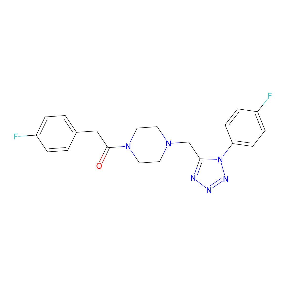 2-(4-fluorophenyl)-1-(4-((1-(4-fluorophenyl)-1H-tetrazol-5-yl)methyl)piperazin-1-yl)ethanone molecular structure, CAS 1040650-91-6