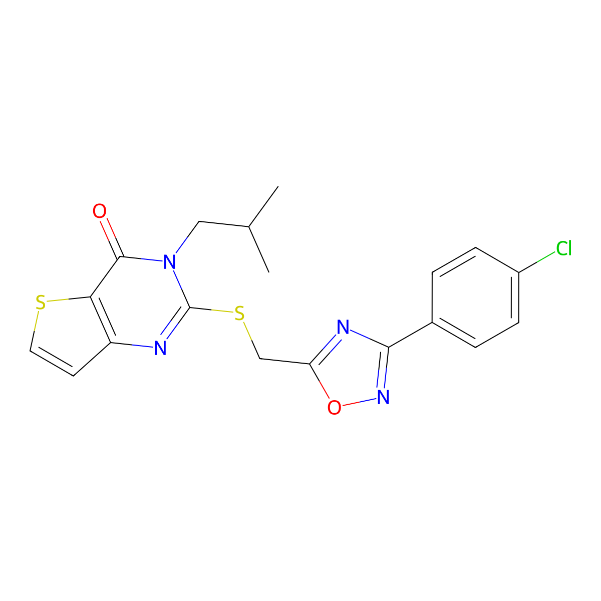 2-(((3-(4-chlorophenyl)-1,2,4-oxadiazol-5-yl)methyl)thio)-3-isobutylthieno[3,2-d]pyrimidin-4(3H)-one molecular structure, CAS 1040650-92-7
