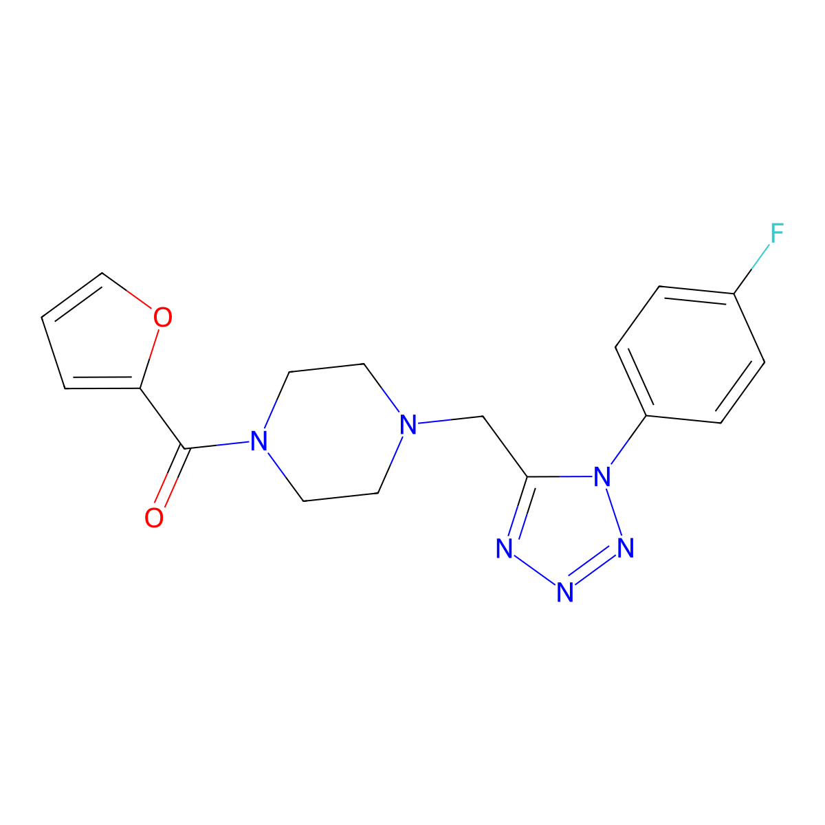 (4-((1-(4-fluorophenyl)-1H-tetrazol-5-yl)methyl)piperazin-1-yl)(furan-2-yl)methanone molecular structure, CAS 1040651-05-5