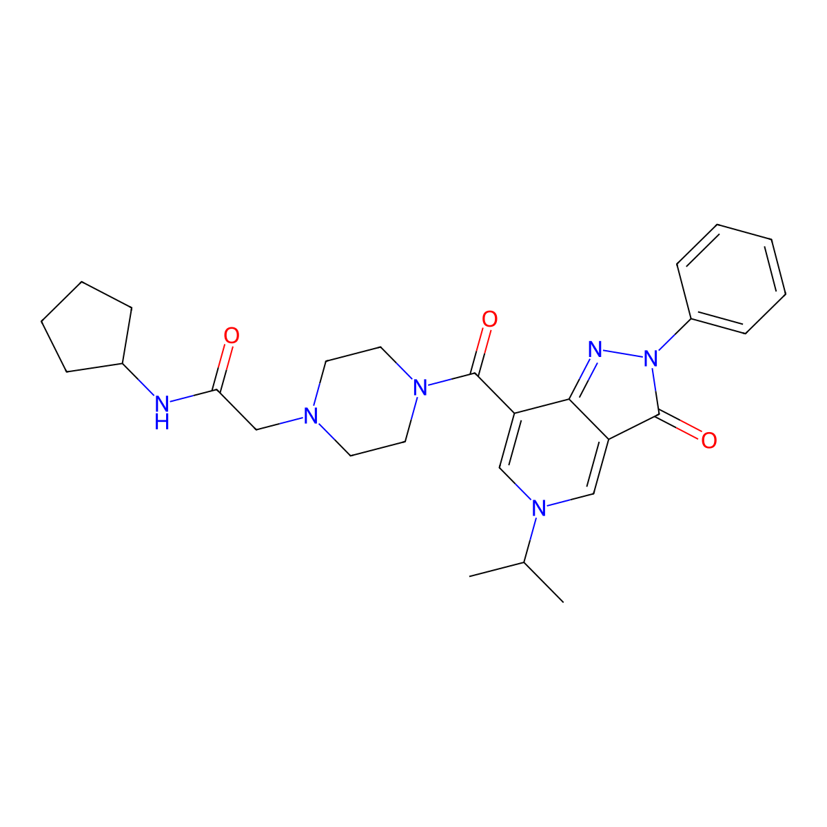 N-cyclopentyl-2-(4-(5-isopropyl-3-oxo-2-phenyl-3,5-dihydro-2H-pyrazolo[4,3-c]pyridine-7-carbonyl)piperazin-1-yl)acetamide molecular structure, CAS 1040651-08-8