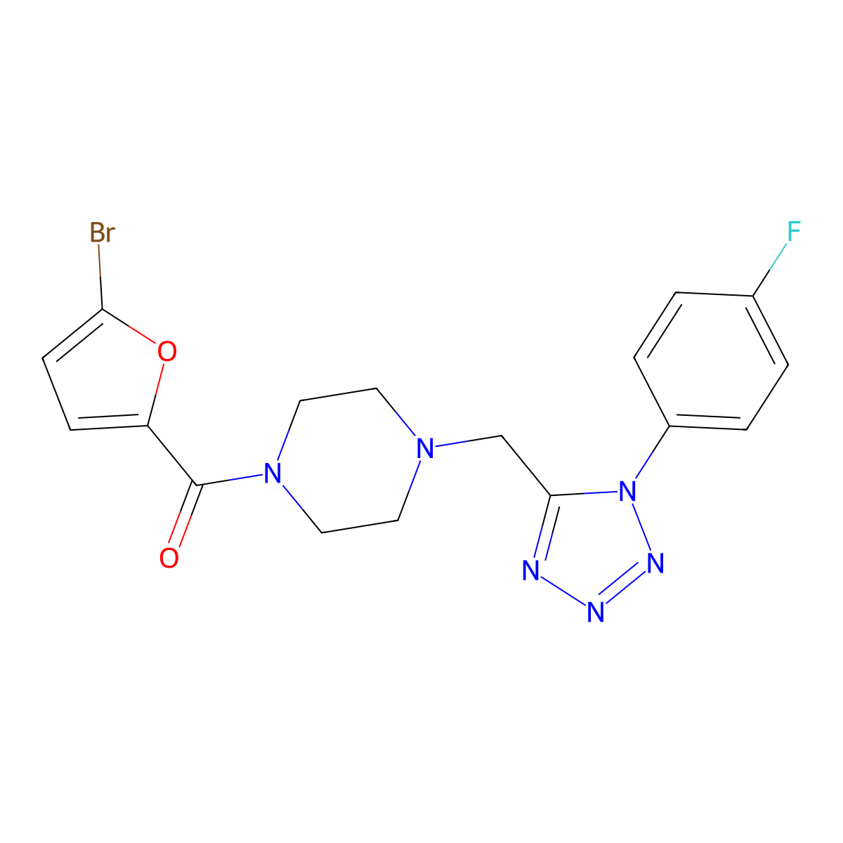 (5-bromofuran-2-yl)(4-((1-(4-fluorophenyl)-1H-tetrazol-5-yl)methyl)piperazin-1-yl)methanone molecular structure, CAS 1040651-12-4