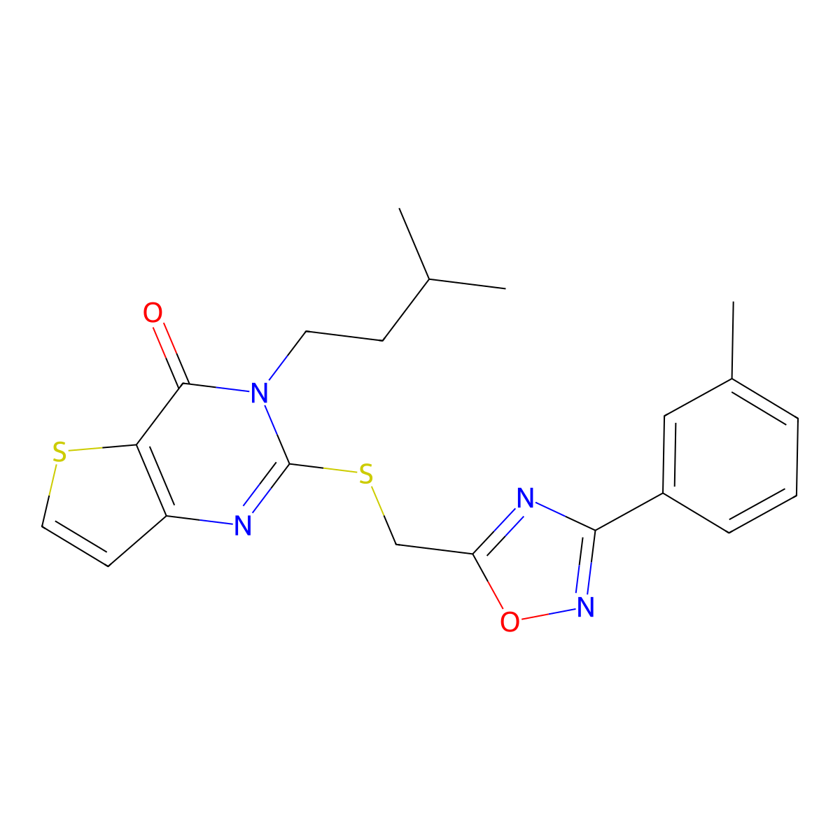 3-(3-methylbutyl)-2-({[3-(3-methylphenyl)-1,2,4-oxadiazol-5-yl]methyl}sulfanyl)-3H,4H-thieno[3,2-d]pyrimidin-4-one molecular structure, CAS 1040651-13-5