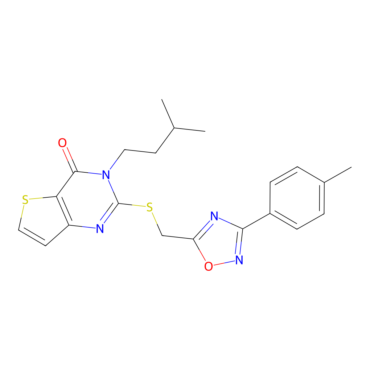 3-(3-methylbutyl)-2-({[3-(4-methylphenyl)-1,2,4-oxadiazol-5-yl]methyl}sulfanyl)-3H,4H-thieno[3,2-d]pyrimidin-4-one molecular structure, CAS 1040651-20-4