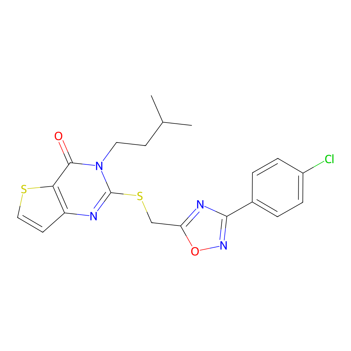 2-(((3-(4-chlorophenyl)-1,2,4-oxadiazol-5-yl)methyl)thio)-3-isopentylthieno[3,2-d]pyrimidin-4(3H)-one molecular structure, CAS 1040651-27-1