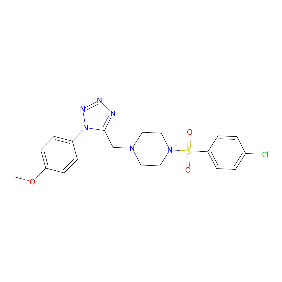 1-((4-chlorophenyl)sulfonyl)-4-((1-(4-methoxyphenyl)-1H-tetrazol-5-yl)methyl)piperazine molecular structure, CAS 1040651-28-2