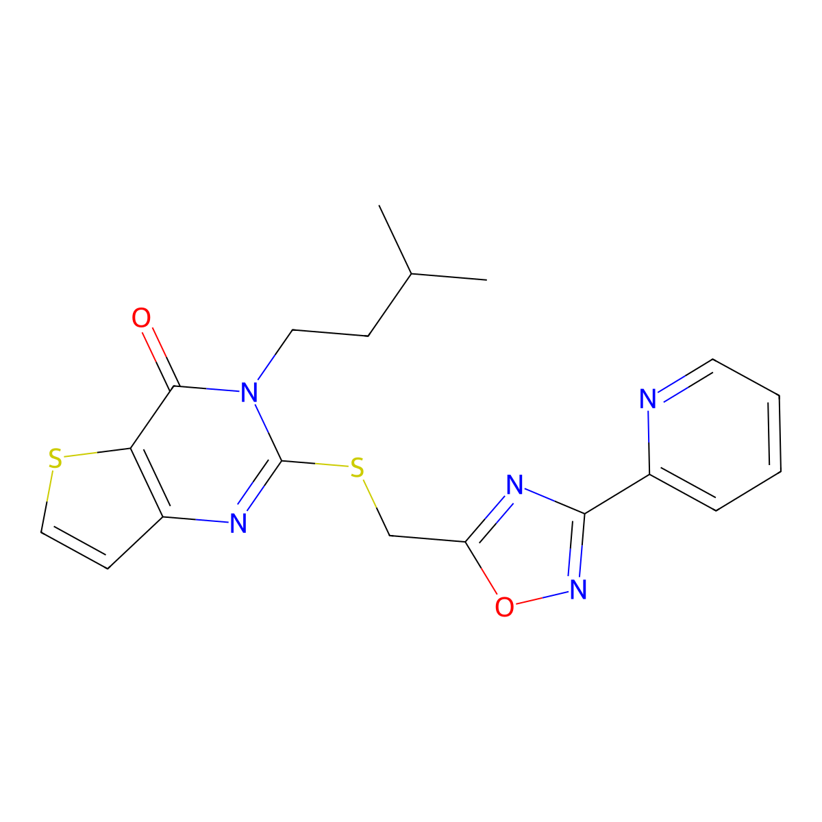 3-(3-methylbutyl)-2-({[3-(pyridin-2-yl)-1,2,4-oxadiazol-5-yl]methyl}sulfanyl)-3H,4H-thieno[3,2-d]pyrimidin-4-one molecular structure, CAS 1040651-41-9