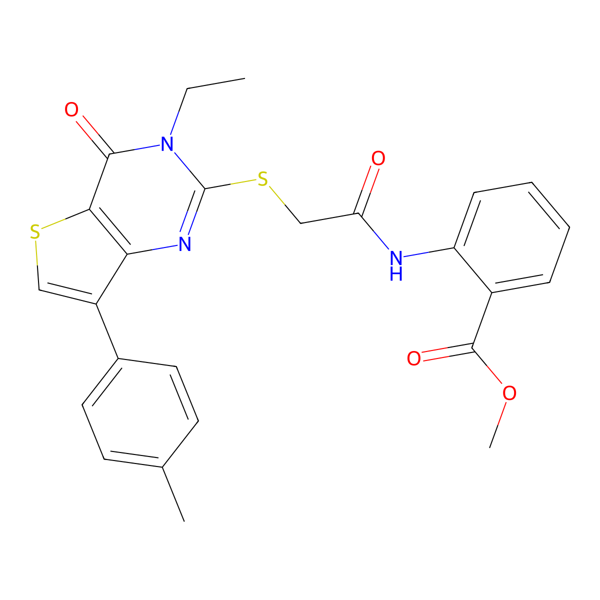 methyl 2-(2-{[3-ethyl-7-(4-methylphenyl)-4-oxo-3H,4H-thieno[3,2-d]pyrimidin-2-yl]sulfanyl}acetamido)benzoate molecular structure, CAS 1040651-44-2