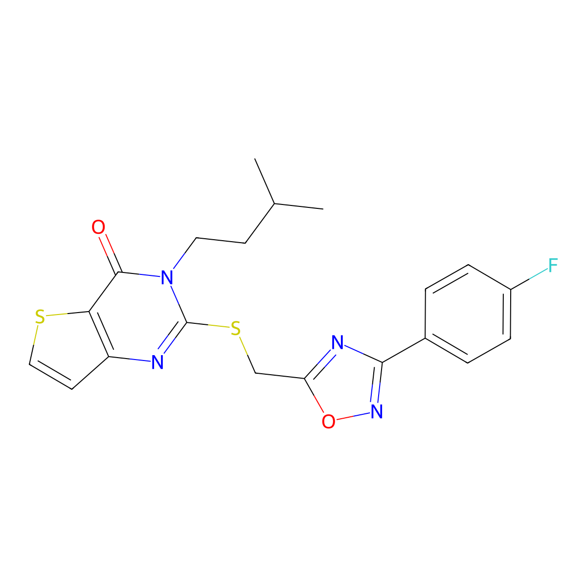 2-(((3-(4-fluorophenyl)-1,2,4-oxadiazol-5-yl)methyl)thio)-3-isopentylthieno[3,2-d]pyrimidin-4(3H)-one molecular structure, CAS 1040651-49-7
