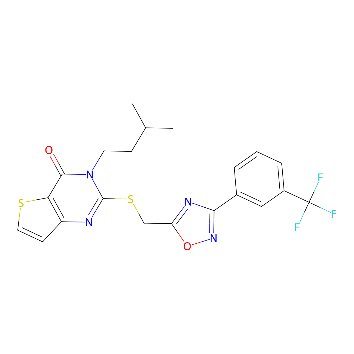3-(3-methylbutyl)-2-[({3-[3-(trifluoromethyl)phenyl]-1,2,4-oxadiazol-5-yl}methyl)sulfanyl]-3H,4H-thieno[3,2-d]pyrimidin-4-one molecular structure, CAS 1040651-57-7